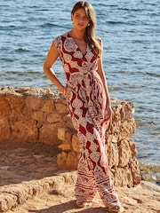 Sosandar Red Baroque Print Wrap Wide Leg Jumpsuit - Image 2 of 5