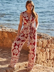 Sosandar Red Baroque Print Wrap Wide Leg Jumpsuit - Image 3 of 5