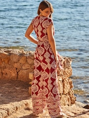 Sosandar Red Baroque Print Wrap Wide Leg Jumpsuit - Image 4 of 5