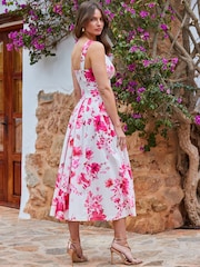 Sosandar Pink Floral Print Fit And Flare 100% Cotton Midi Dress - Image 2 of 6
