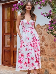 Sosandar Pink Floral Print Fit And Flare 100% Cotton Midi Dress - Image 4 of 6