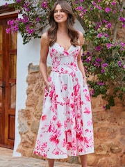 Sosandar Pink Floral Print Fit And Flare 100% Cotton Midi Dress - Image 5 of 6