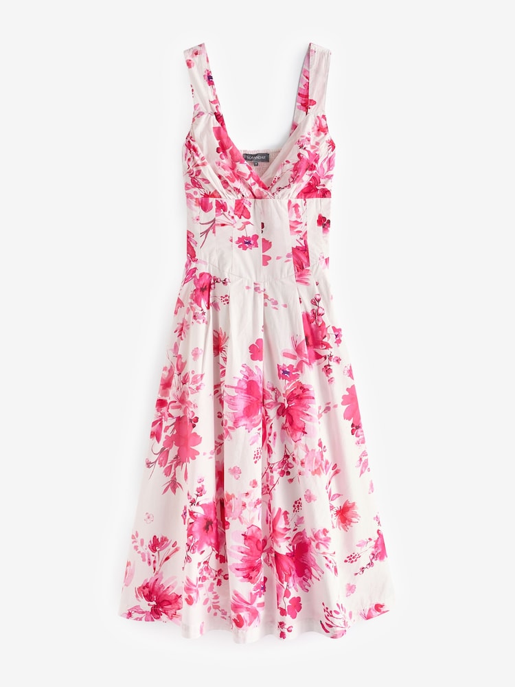 Sosandar Pink Floral Print Fit And Flare 100% Cotton Midi Dress - Image 6 of 6