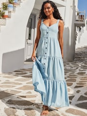 Sosandar Blue Button Front Tiered Hem Denim Dress - Image 4 of 6