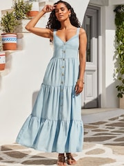 Sosandar Blue Button Front Tiered Hem Denim Dress - Image 5 of 6