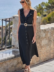 Sosandar Black Linen Blend Ruffle Detail Button Front Dress - Image 2 of 5