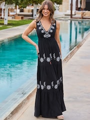 Sosandar Black Embroidered Detail Tiered Hem Maxi Dress - Image 1 of 5