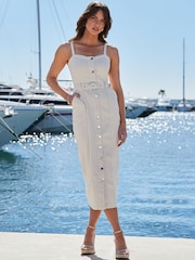 Vestido de denim con botones delanteros y cinturón de Sosandar - Imagen 1 de 5