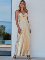 Sosandar Gold Metallic Plisse Twist Front Maxi Dress - Image 5 of 5