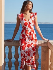 Sosandar Red Floral Print Ruffle Hem Midi Dress - Image 1 of 5