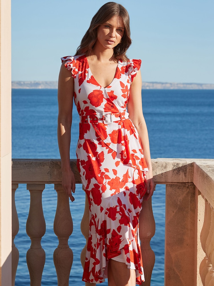 Sosandar Red Floral Print Ruffle Hem Midi Dress - Image 2 of 5