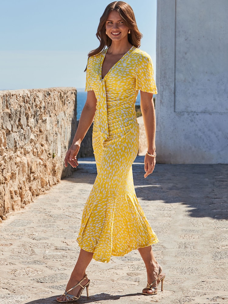 Sosandar Yellow Spot Print Ruchded Front Frill Hem Jersey Midaxi Dress - Image 3 of 5