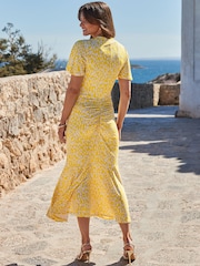 Sosandar Yellow Spot Print Ruchded Front Frill Hem Jersey Midaxi Dress - Image 4 of 5