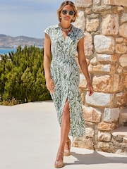 Sosandar Green Floral Print Tie Waist Tiered Hem Midi Dress - Image 2 of 5