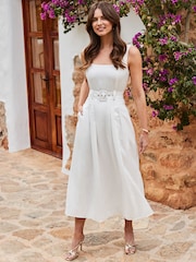 Sosandar White Fit & Flare Belted Midi Dress With Pockets Contains Linen - Image 1 of 5