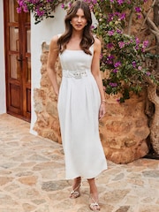 Sosandar White Fit & Flare Belted Midi Dress With Pockets Contains Linen - Image 2 of 5