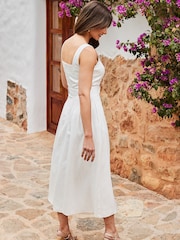 Sosandar White Fit & Flare Belted Midi Dress With Pockets Contains Linen - Image 3 of 5