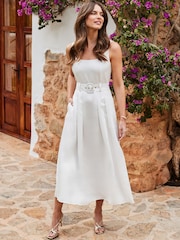 Sosandar White Fit & Flare Belted Midi Dress With Pockets Contains Linen - Image 4 of 5
