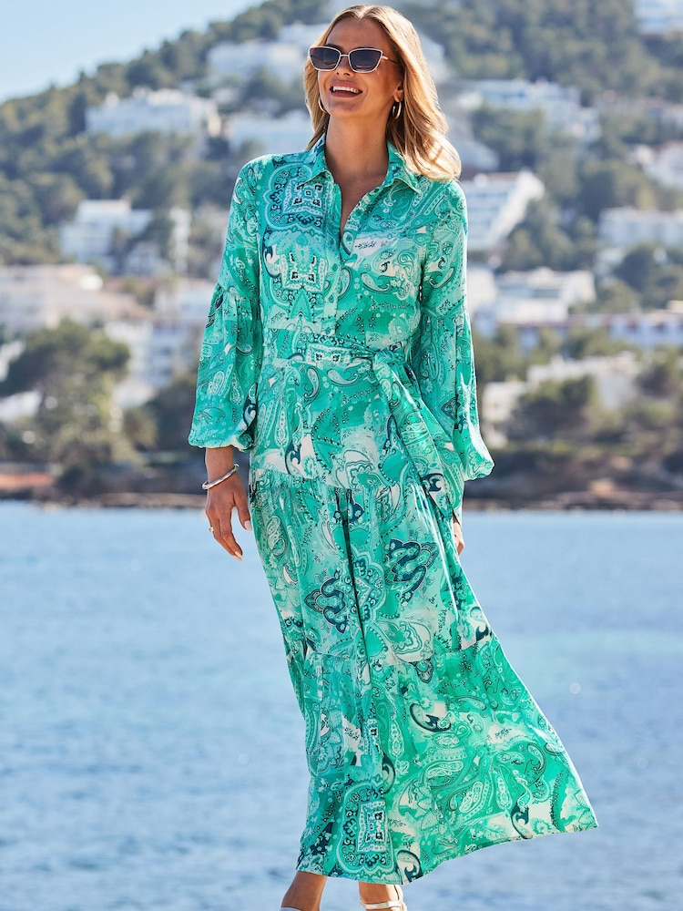 Sosandar Green Paisley Print Tiered Hem Maxi Shirt Dress - Image 1 of 5 Sosandar Green Paisley Print Tiered Hem Maxi Shirt Dress - Image 1 of 5
