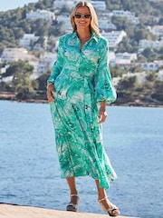 Sosandar Green Paisley Print Tiered Hem Maxi Shirt Dress - Image 2 of 5