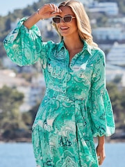Sosandar Green Paisley Print Tiered Hem Maxi Shirt Dress - Image 4 of 5