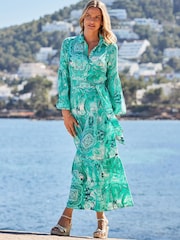 Sosandar Green Paisley Print Tiered Hem Maxi Shirt Dress - Image 5 of 5