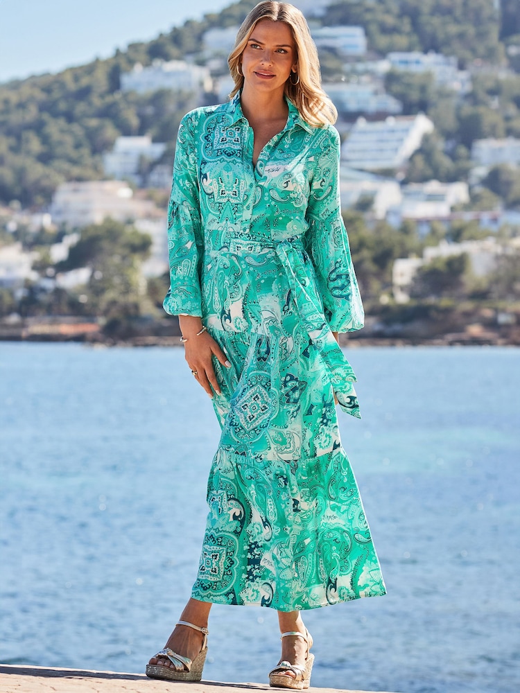 Sosandar Green Paisley Print Tiered Hem Maxi Shirt Dress - Image 5 of 5