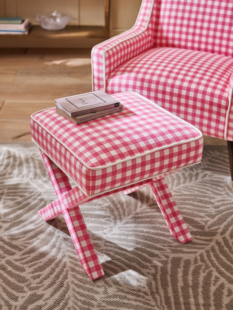 Nina Campbell Pink Bracken Gingham Check Rosebury Footstool - Image 1 of 7