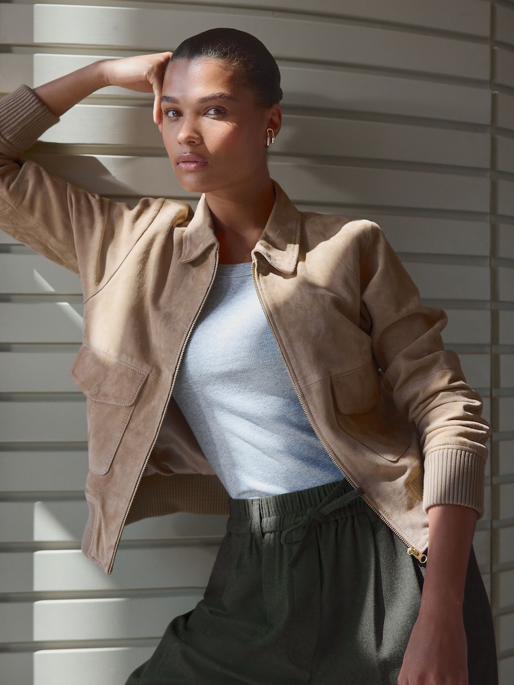 Neutral Real Suede Bomber Jacket - Image 1 of 9