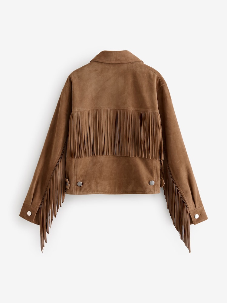 Tan Brown Premium Genuine Suede Fringed Jacket - Image 4 of 7