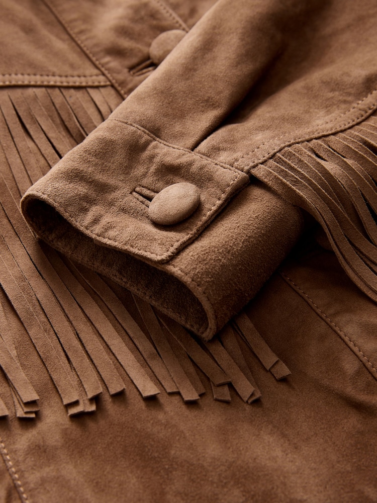 Tan Brown Premium Genuine Suede Fringed Jacket - Image 6 of 7