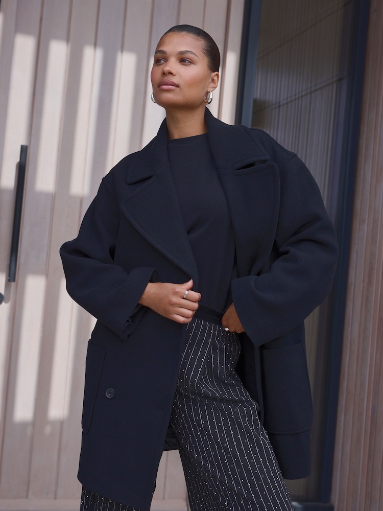 Black Premium Wool Blend Revere Coat - Image 1 of 4