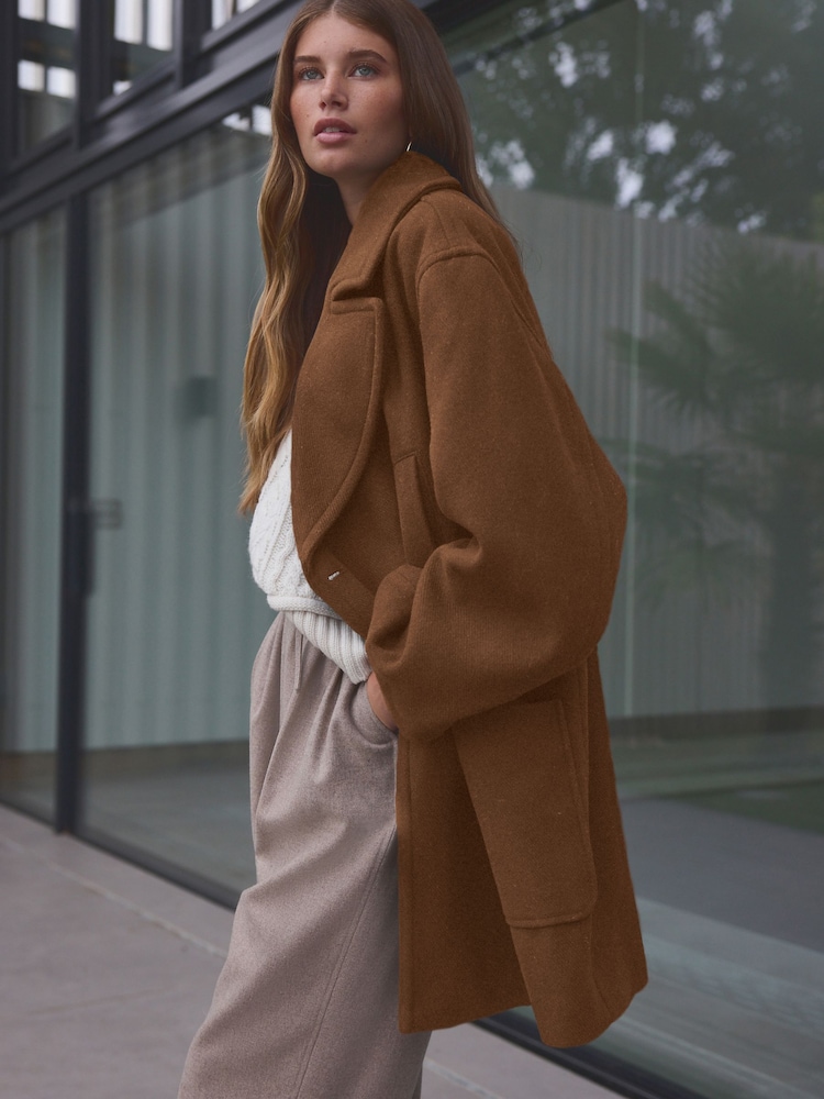 Tan Brown Premium Wool Blend Revere Coat - Image 1 of 7