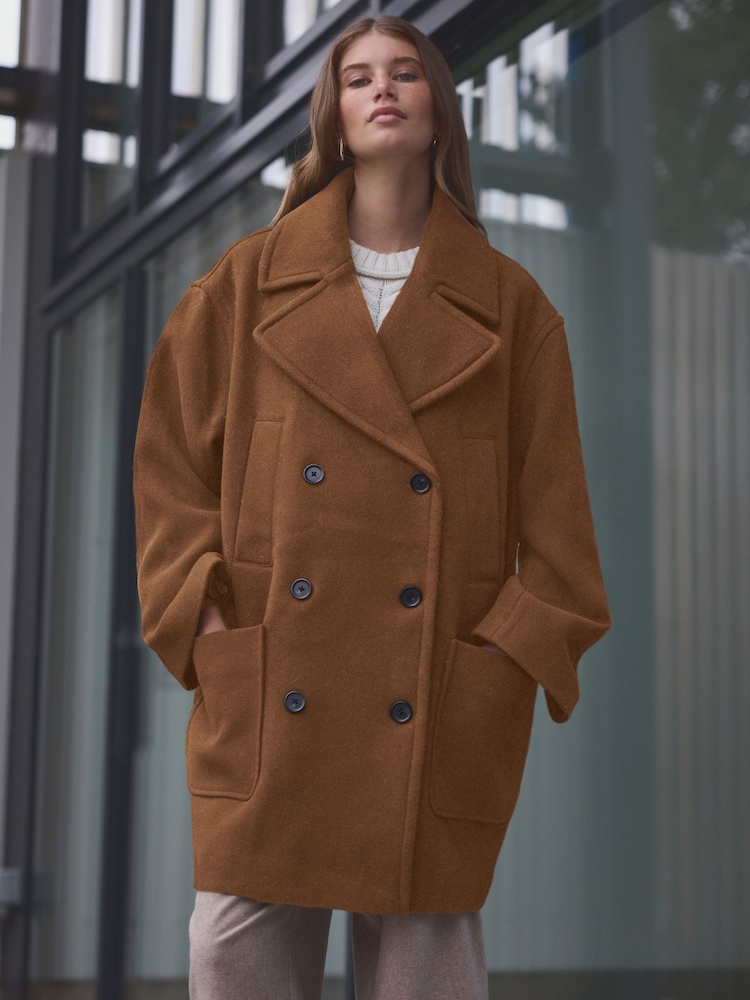 Tan Brown Premium Wool Blend Revere Coat - Image 2 of 7