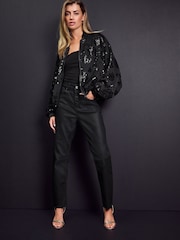 Black Floral Sequin Bomber Jacket - Image 2 of 7