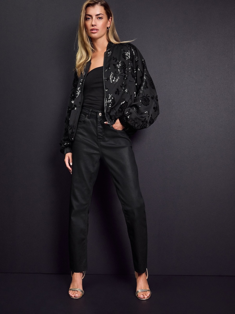 Black Floral Sequin Bomber Jacket - Image 2 of 7