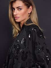 Black Floral Sequin Bomber Jacket - Image 4 of 7