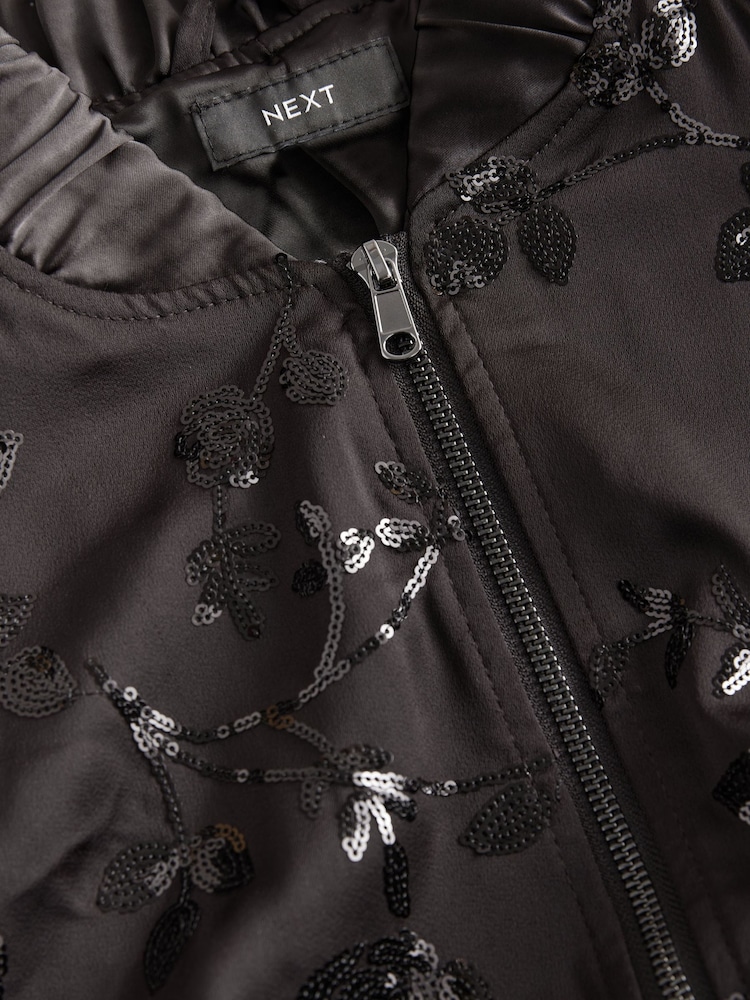 Black Floral Sequin Bomber Jacket - Image 7 of 7