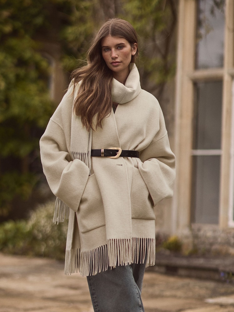 Cream Premium Handsewn Wool Rich Scarf Coat - Image 2 of 10