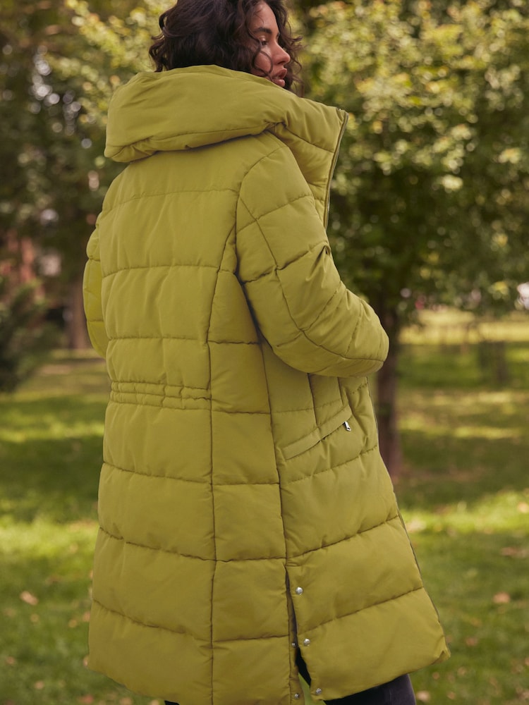 Bright Green Shower Resistant Padded Puffer Hooded Mid Length Coat - Image 1 of 11