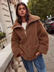 Marron fauve - Veste Teddy en imitation peau de mouton - Image 1 de 9