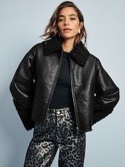 Noir - Veste d'aviateur à poignets Borg - Image 2 de 7