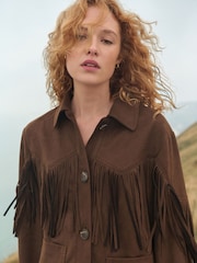 Chocolate Brown Faux Suede Fringed Jacket - Image 5 of 8