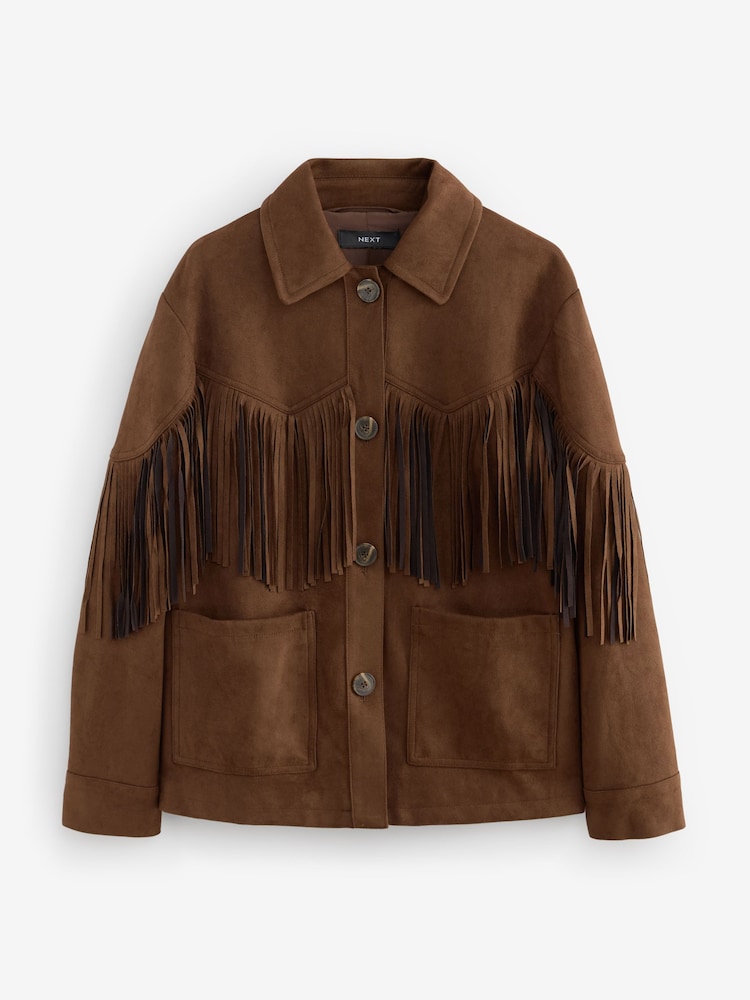 Czekoladowy brąz - Faux Suede Fringed Jacket - Image 6 of 8