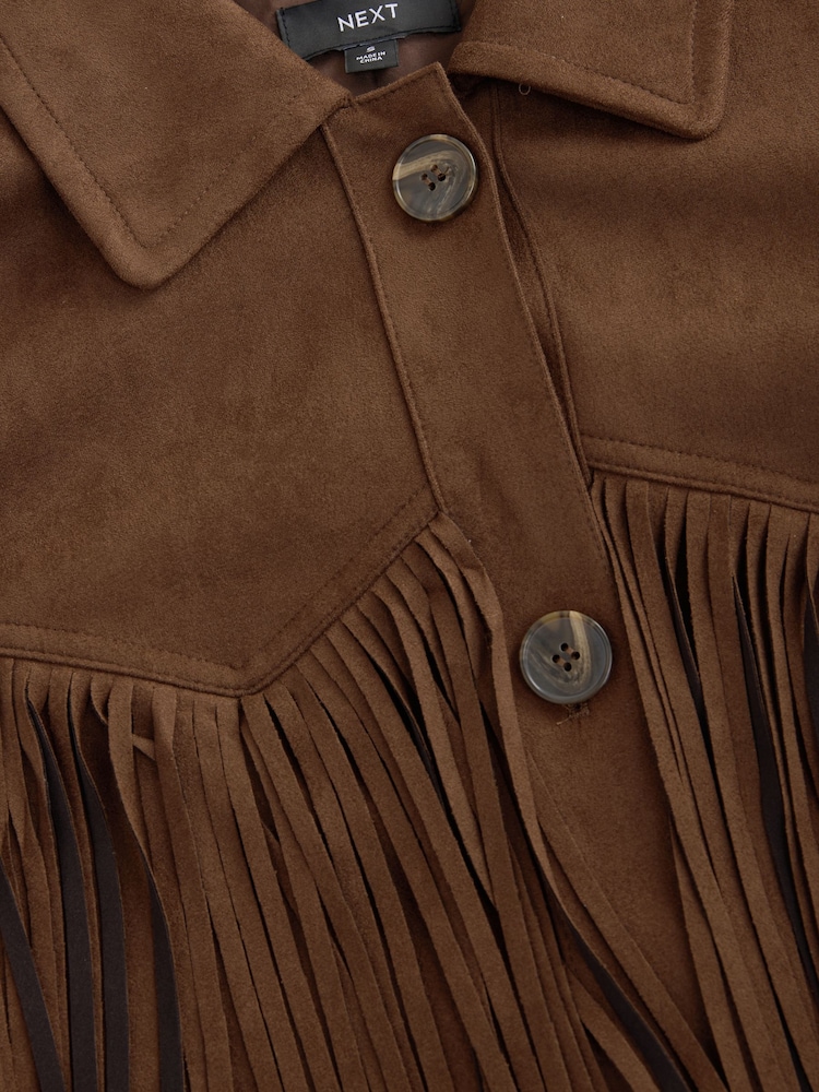 Czekoladowy brąz - Faux Suede Fringed Jacket - Image 7 of 8