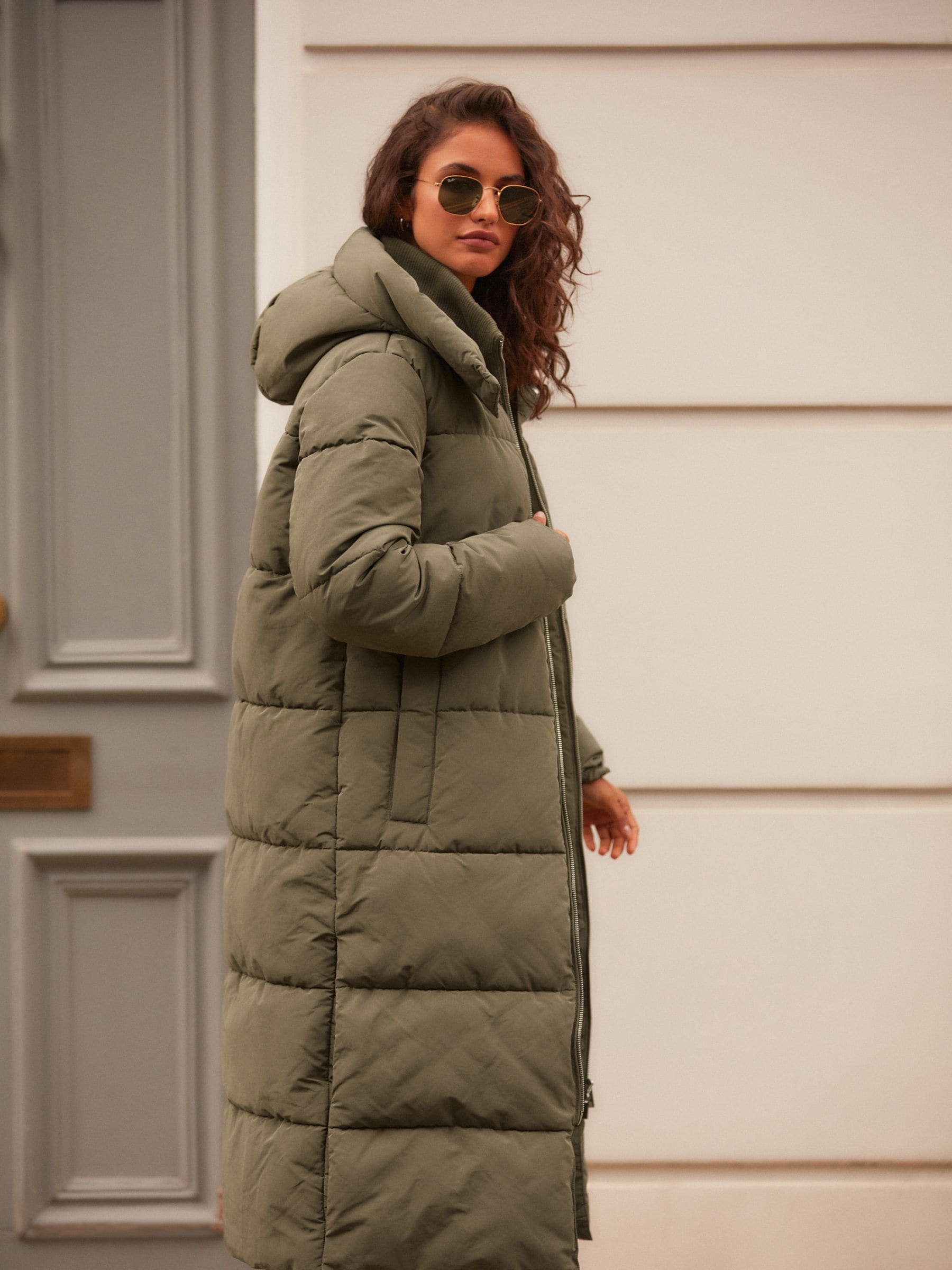 Khaki padded long coat on sale