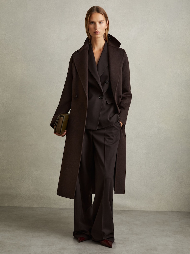 Reiss Chocolate Lucia Petite Wool Blend Double Breasted Blindseam Coat - Image 1 of 7