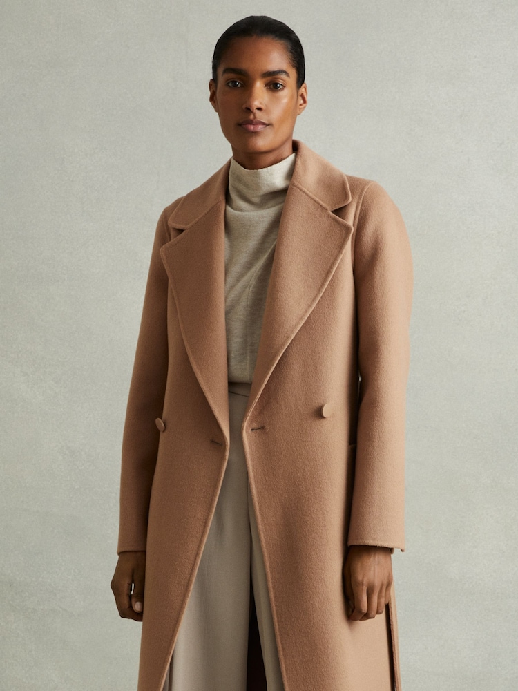 Reiss Light Camel Lucia Petite Wool Blend Double Breasted Blindseam Coat - Image 1 of 8