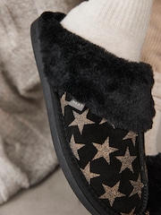 Black/Gold Stars Suede Faux Fur Lined Mule Slippers - Image 1 of 6