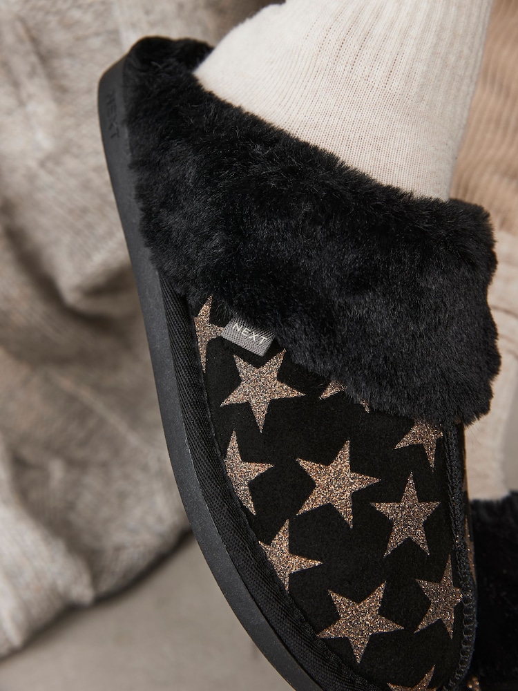 Black/Gold Stars Suede Faux Fur Lined Mule Slippers - Image 1 of 6
